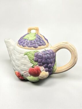 Vintage 1994 CKAO Ceramic Basket Weave W/ Fruit Design Tea Pot W/ Lid 7” Tall